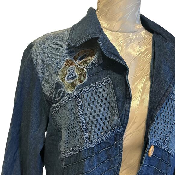 Vintage Styleworks Denim Duster Blue Embroidered Lace Long Jacket Sz 12 Boho - Picture 13 of 16